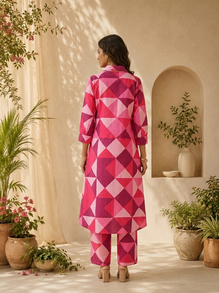 Rani Pink Cotton Abstract Printed Two Piece Set