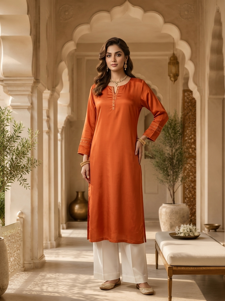Orange Hand Embroidery And Solid Design Chinon Kurta