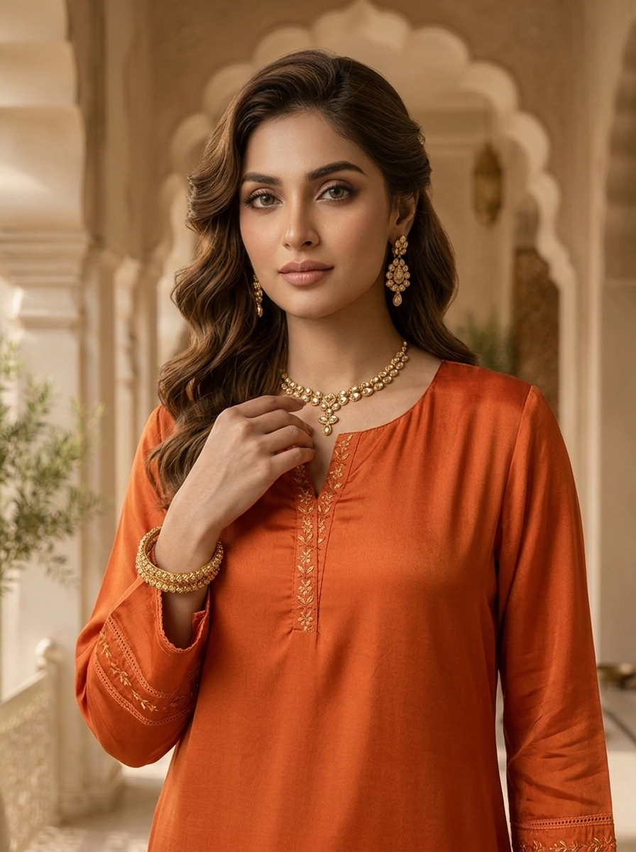 Orange Hand Embroidery And Solid Design Chinon Kurta
