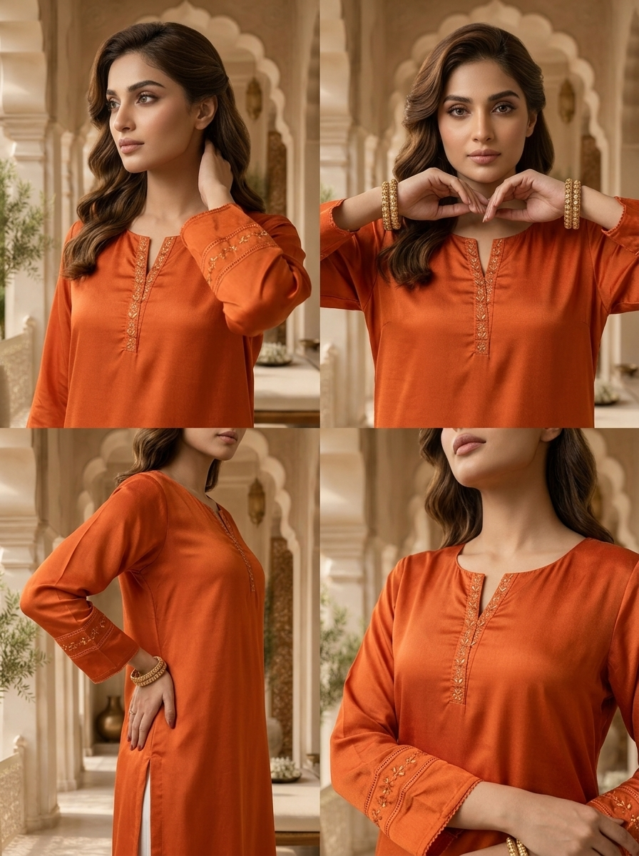 Orange Hand Embroidery And Solid Design Chinon Kurta