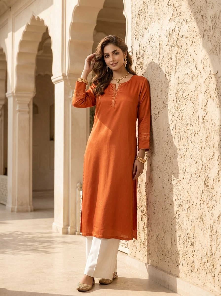Orange Hand Embroidery And Solid Design Chinon Kurta