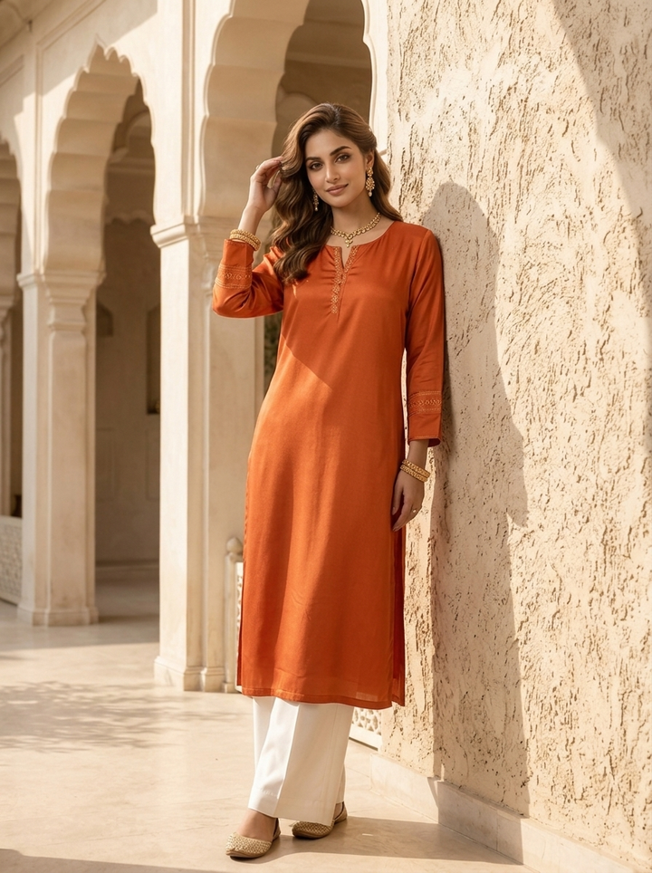 Orange Hand Embroidery And Solid Design Chinon Kurta