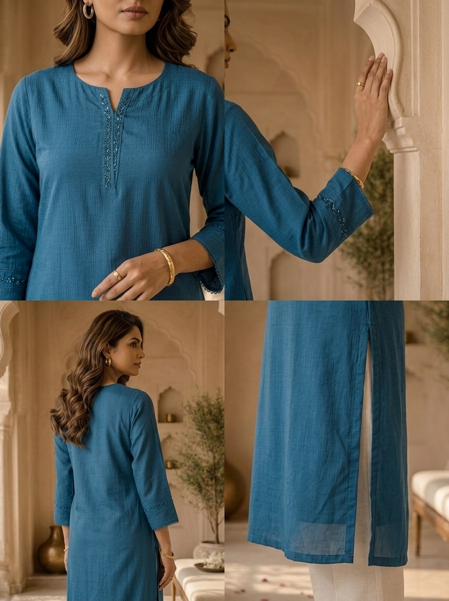 TealBlue Hand Embroidery And Solid Design Chinon Kurta