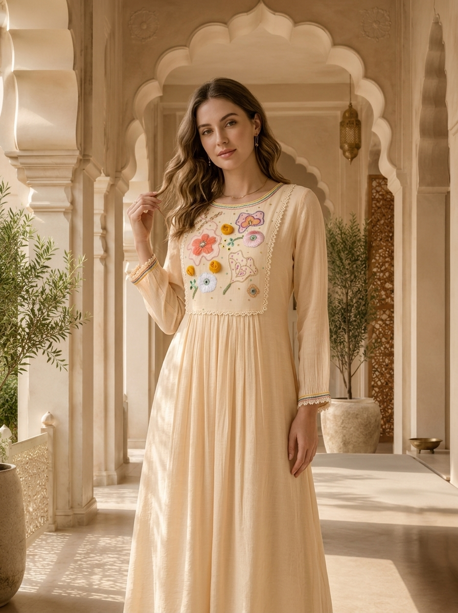 Cream Silk Floral Sequins And Mirror Embroidered Kurta