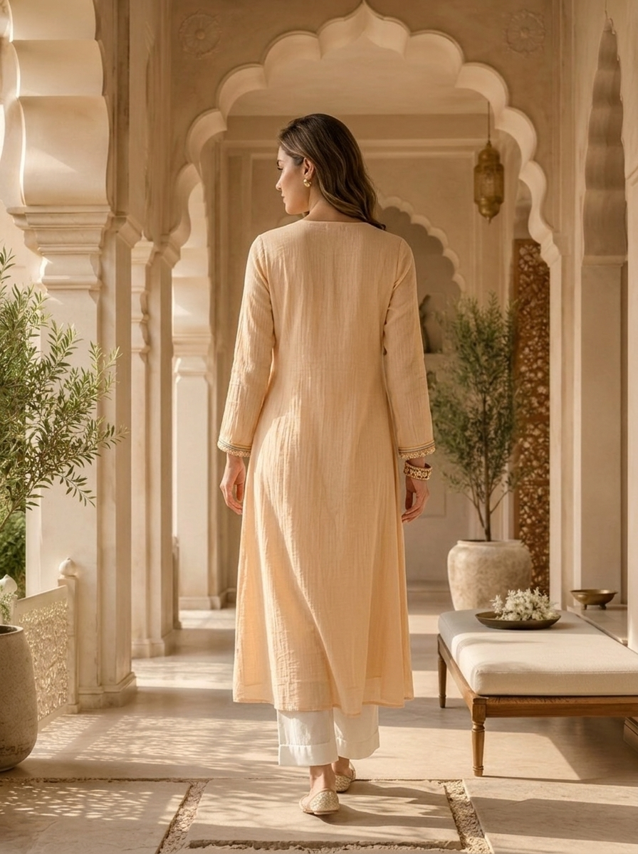 Cream Silk Floral Sequins And Mirror Embroidered Kurta