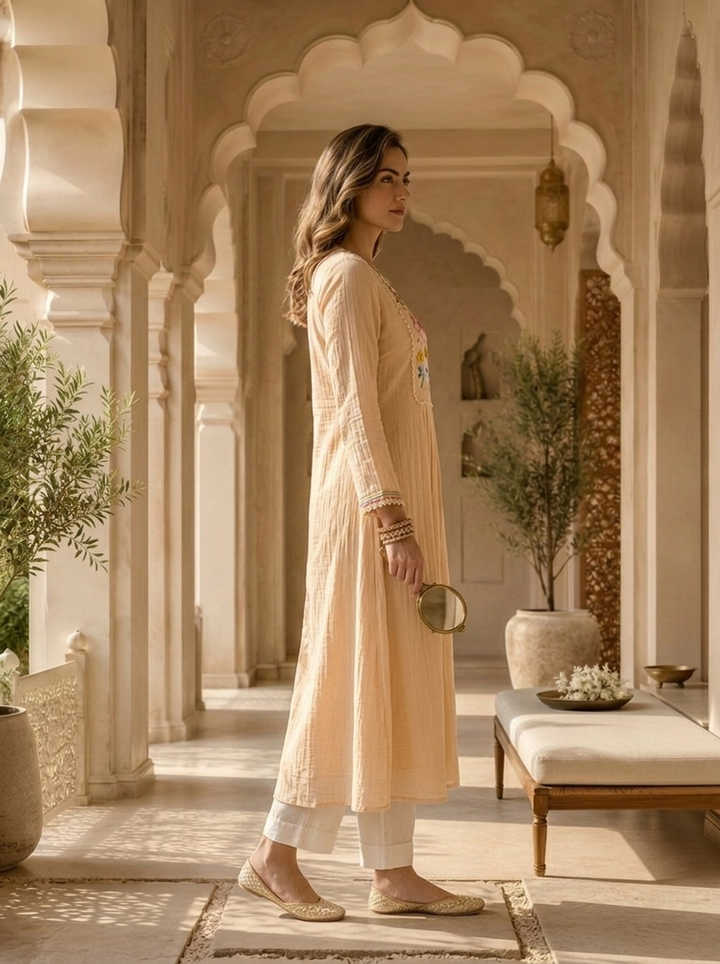 Cream Silk Floral Sequins And Mirror Embroidered Kurta