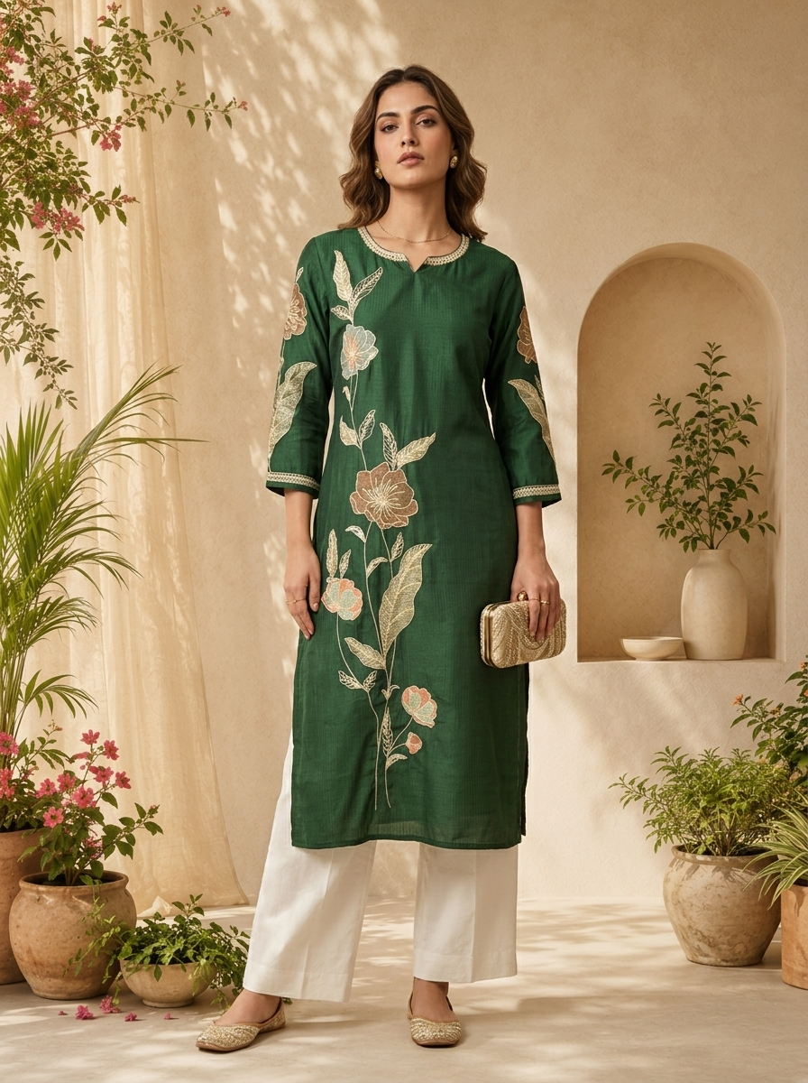 Bottle Green Solid Design And Floral Thread Embroidery Kurta