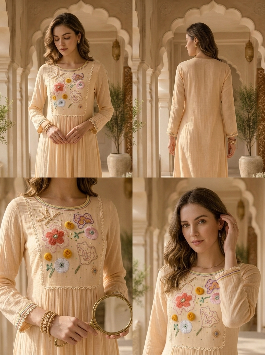 Cream Silk Floral Sequins And Mirror Embroidered Kurta