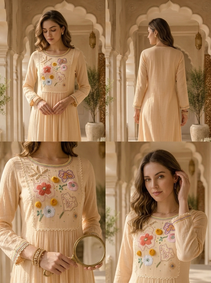 Cream Silk Floral Sequins And Mirror Embroidered Kurta