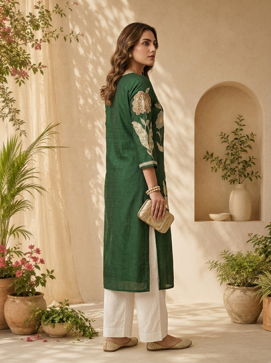 Bottle Green Solid Design And Floral Thread Embroidery Kurta