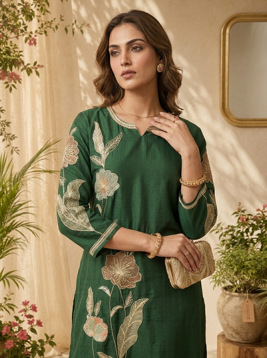 Bottle Green Solid Design And Floral Thread Embroidery Kurta