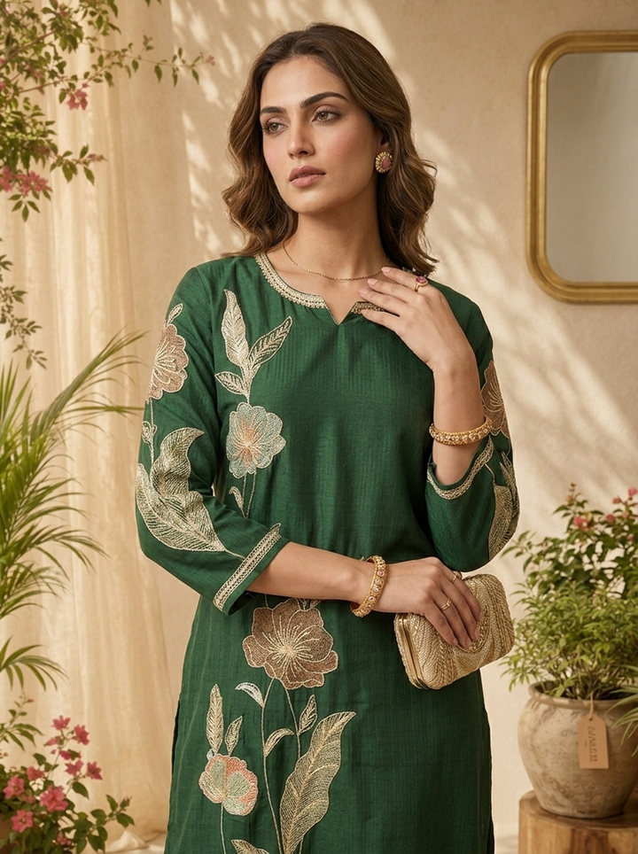 Bottle Green Solid Design And Floral Thread Embroidery Kurta