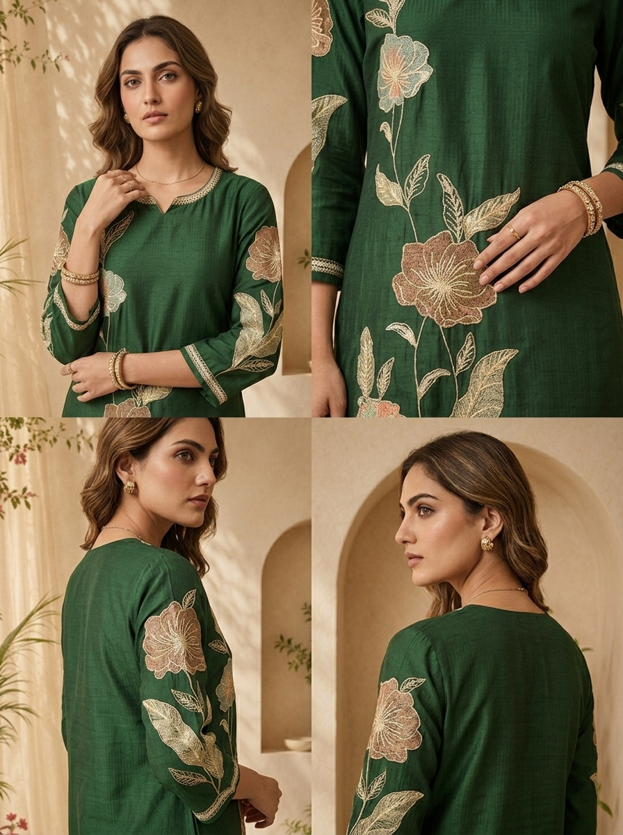 Bottle Green Solid Design And Floral Thread Embroidery Kurta