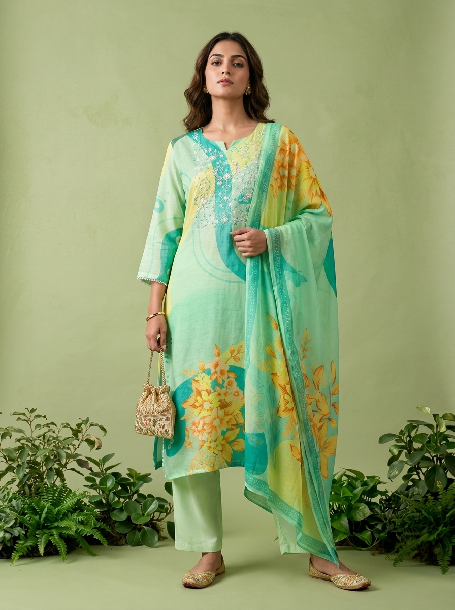 Mint Linen Floral Printed Three Piece Set