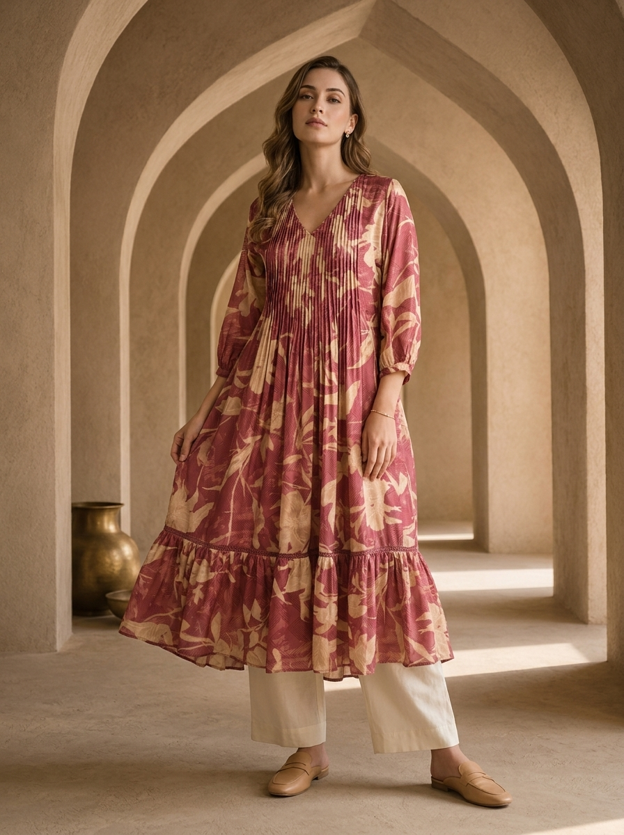 Onion Muslin Pleated Design Kurta