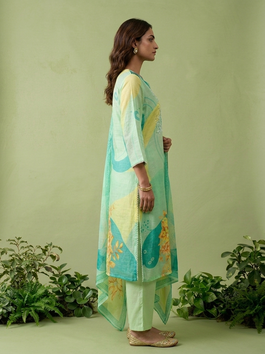 Mint Linen Floral Printed Three Piece Set