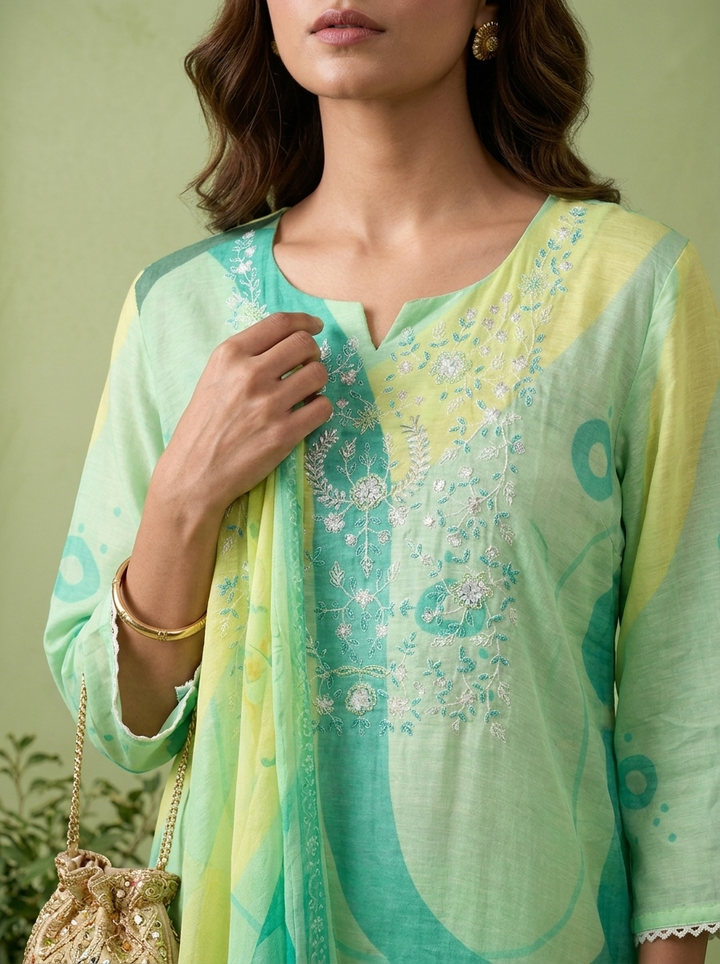 Mint Linen Floral Printed Three Piece Set