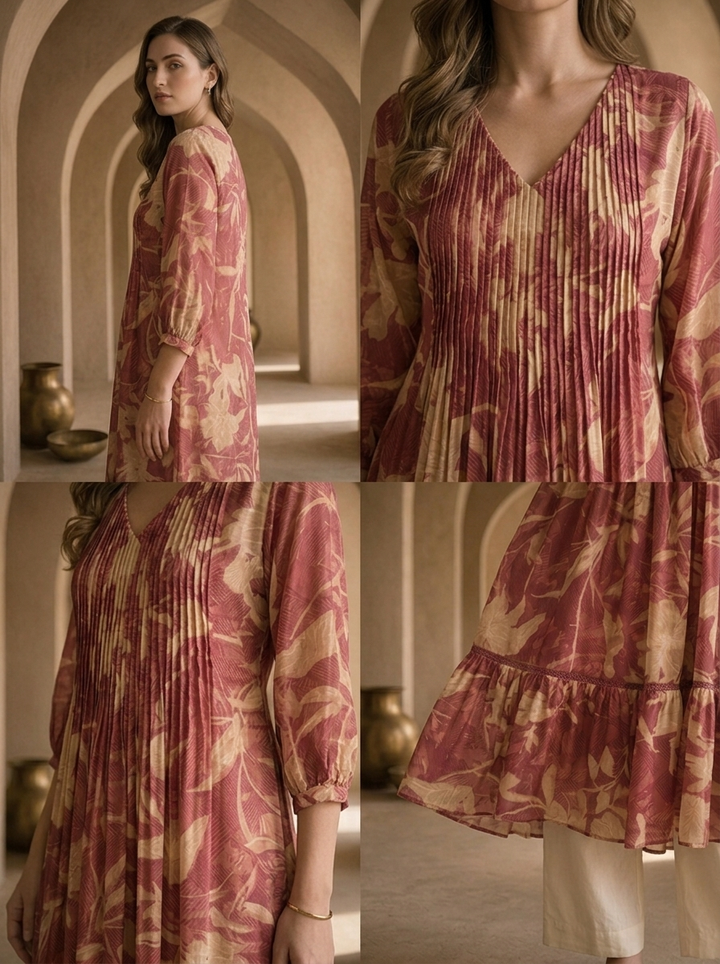 Onion Muslin Pleated Design Kurta