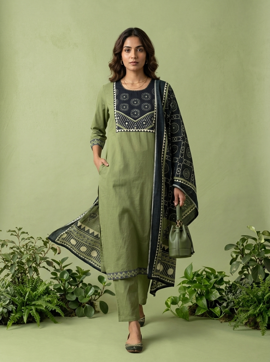 Olive Cotton Geometric Printed Three Piece Set