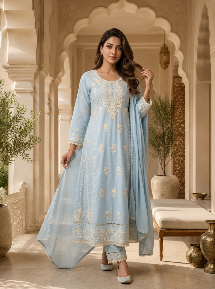Sky Blue Heavy Floral Thread Embroidered Three Piece Set