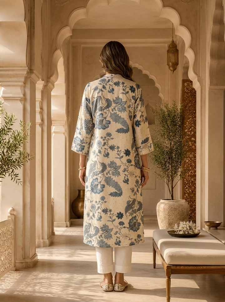 Blue Heavy Printed Silk Kurta