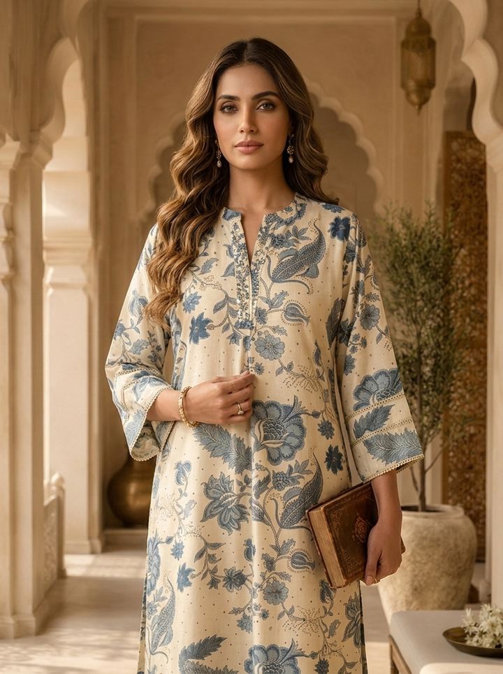 Blue Heavy Printed Silk Kurta