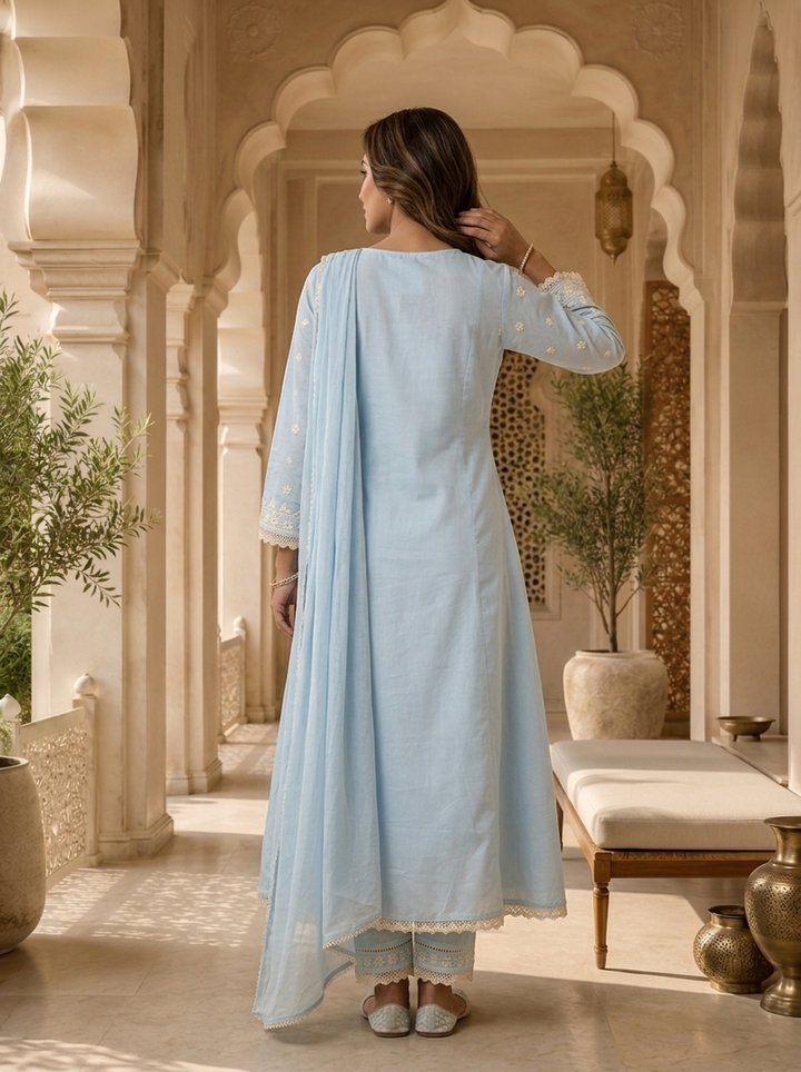 Sky Blue Heavy Floral Thread Embroidered Three Piece Set