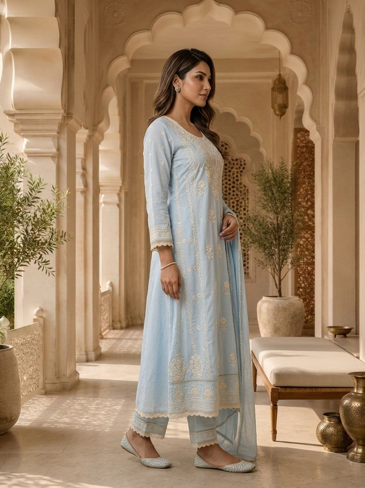 Sky Blue Heavy Floral Thread Embroidered Three Piece Set