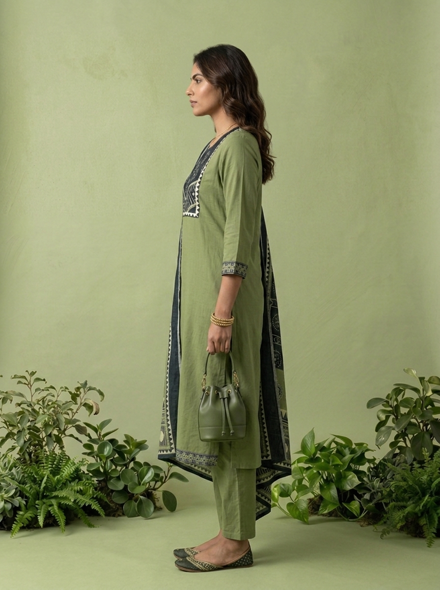 Olive Cotton Geometric Printed Three Piece Set