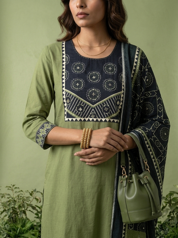 Olive Cotton Geometric Printed Three Piece Set