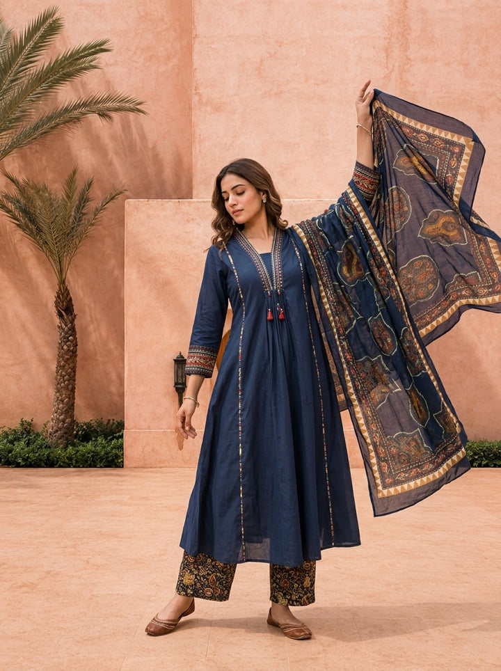 Navy Blue Solid Design Cotton Three Piece Set With Ethnic Printed Dupatta