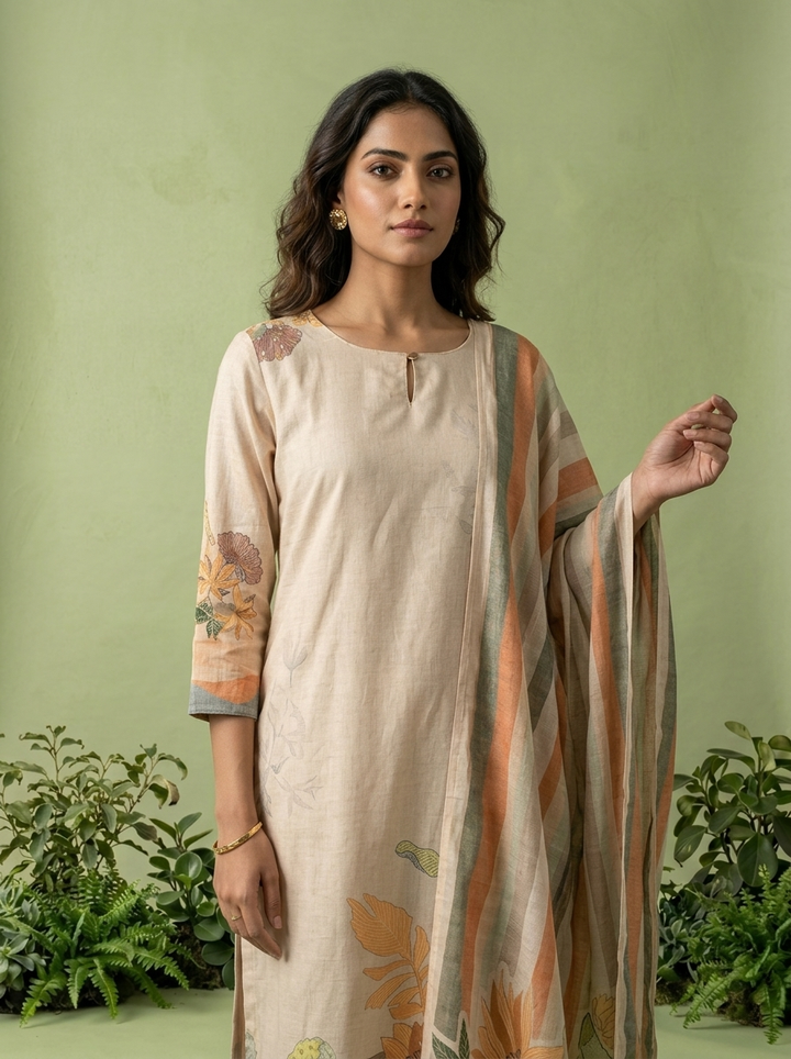 Cream Cotton Floral Printed Three Piece Set