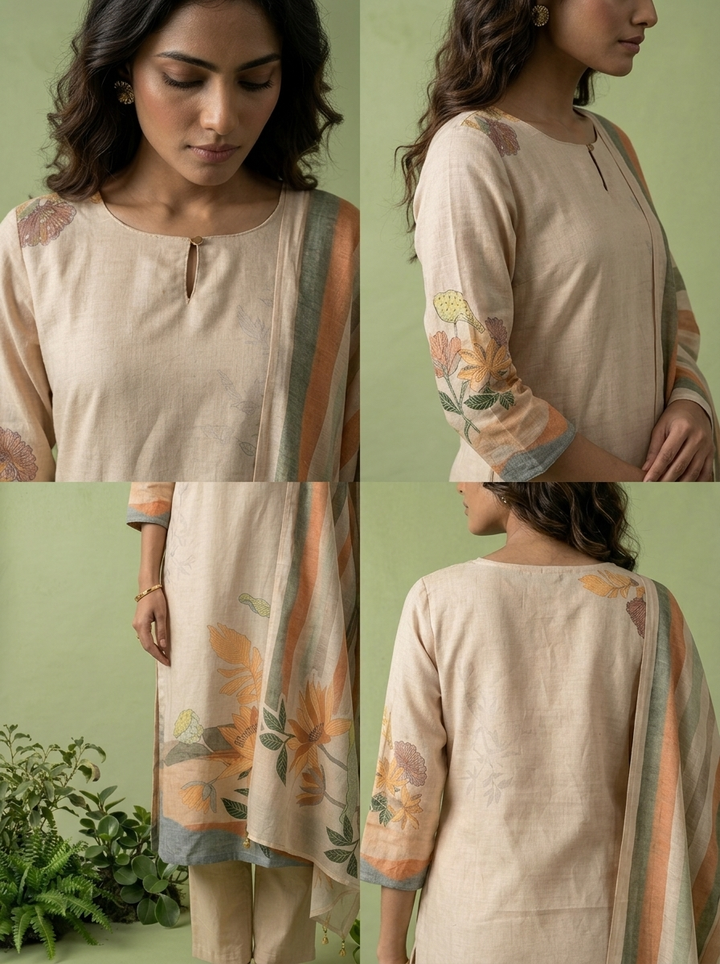 Cream Cotton Floral Printed Three Piece Set
