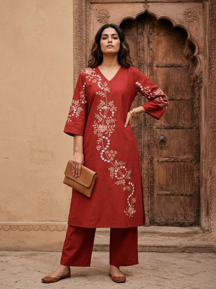 Maroon Cotton Floral Embroidery Two Piece Set