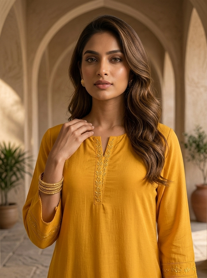 Mustard Hand Embroidery And Solid Design Chinon Kurta