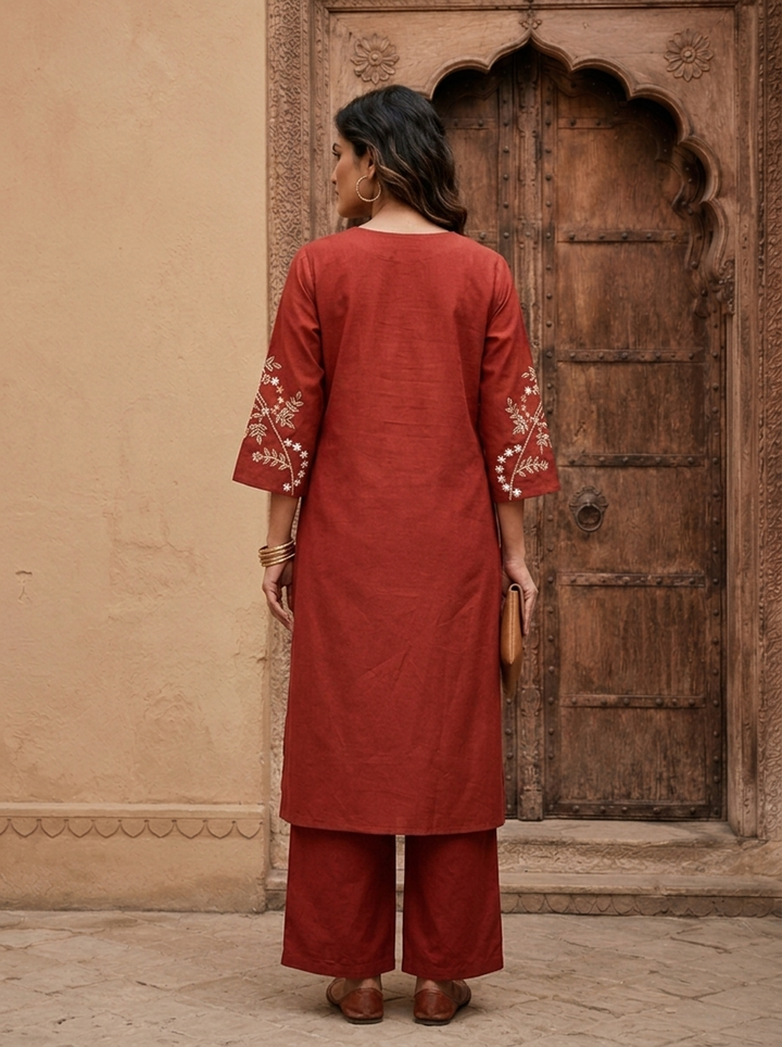 Maroon Cotton Floral Embroidery Two Piece Set