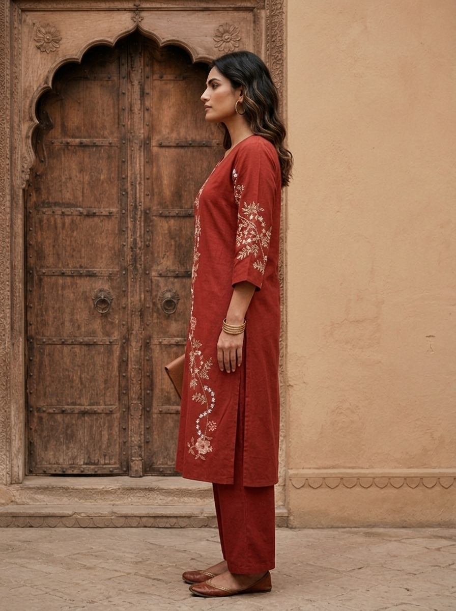 Maroon Cotton Floral Embroidery Two Piece Set