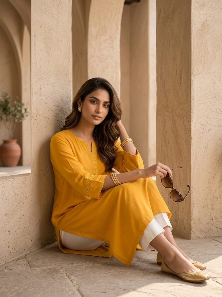 Mustard Hand Embroidery And Solid Design Chinon Kurta