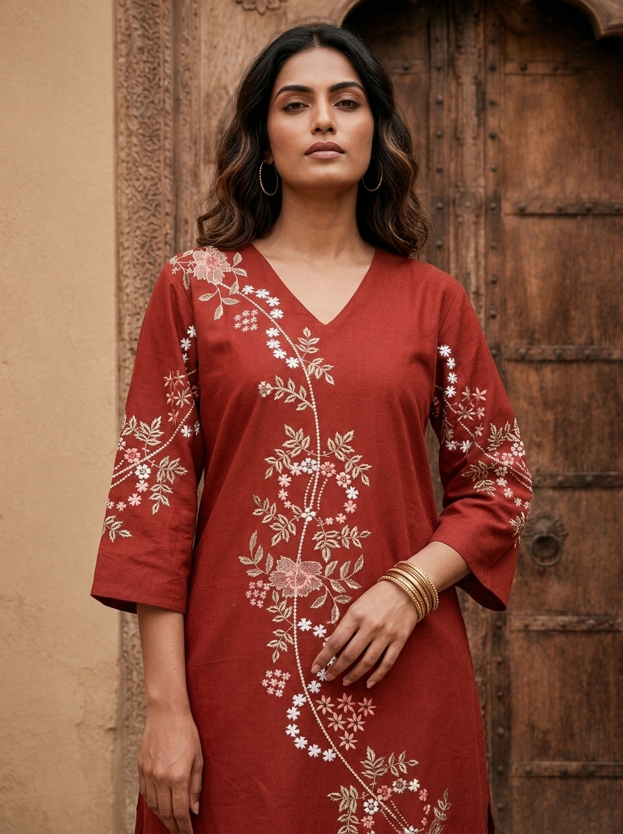 Maroon Cotton Floral Embroidery Two Piece Set