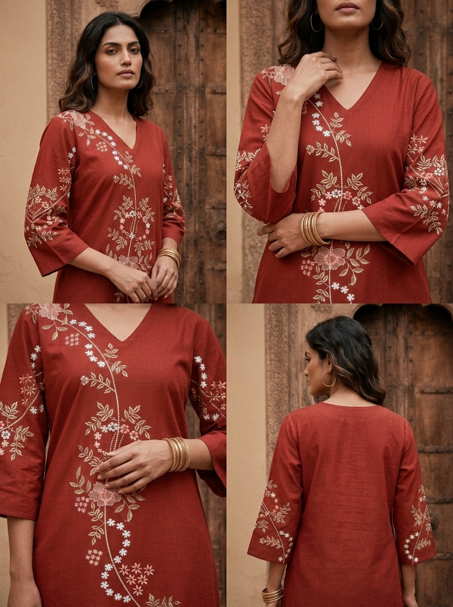 Maroon Cotton Floral Embroidery Two Piece Set