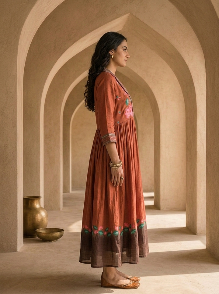 Brown Cotton Patch Embroidery And Floral Printed Long Dress