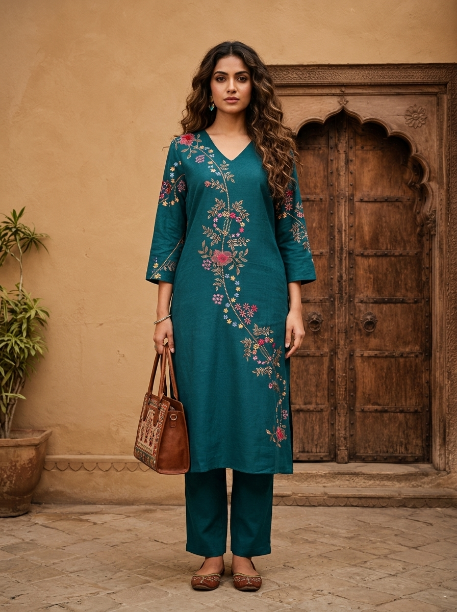 Rama Cotton Floral Embroidery Two Piece Set