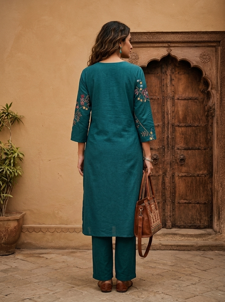 Rama Cotton Floral Embroidery Two Piece Set