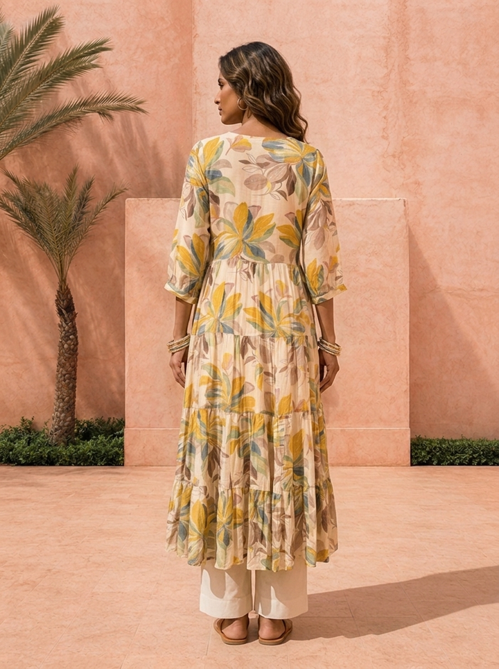 Cream Muslin Floral Printed Long Dress