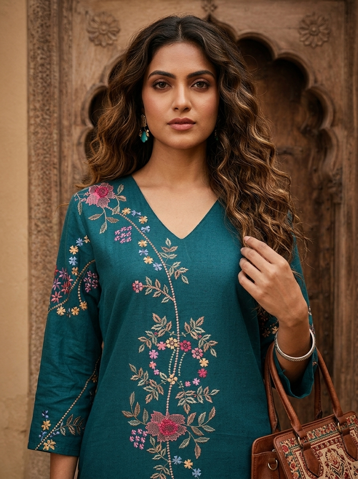 Rama Cotton Floral Embroidery Two Piece Set