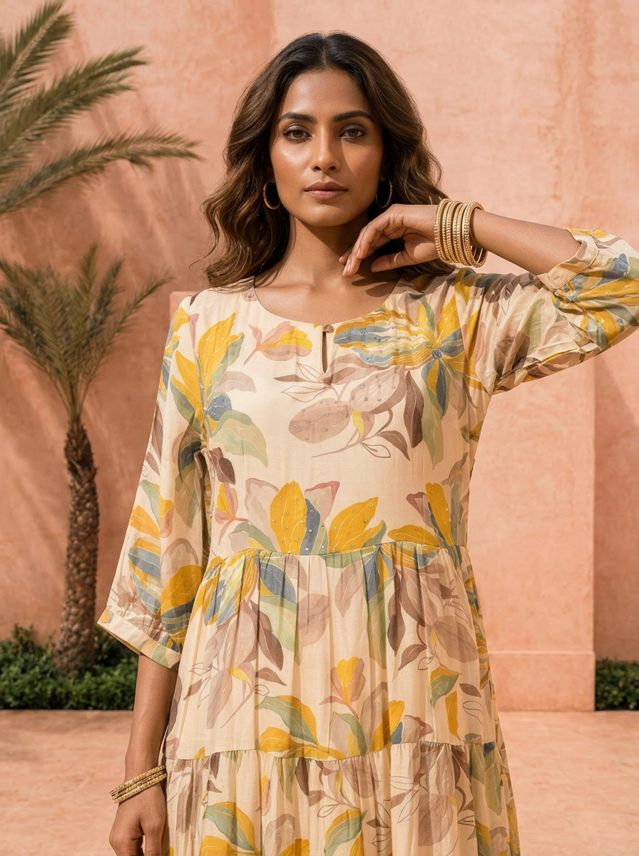 Cream Muslin Floral Printed Long Dress