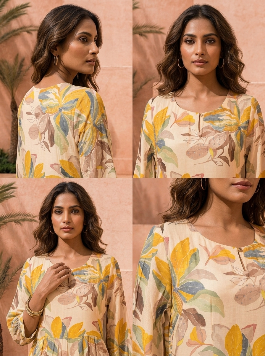 Cream Muslin Floral Printed Long Dress