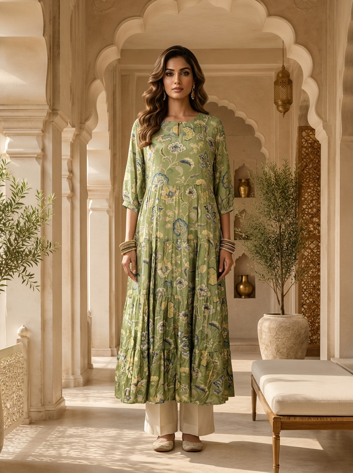 Green Muslin Floral Printed Long Dress