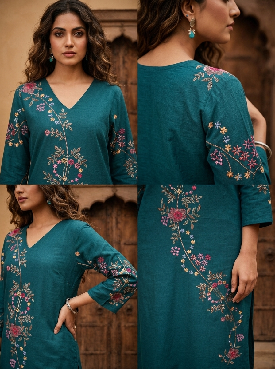 Rama Cotton Floral Embroidery Two Piece Set
