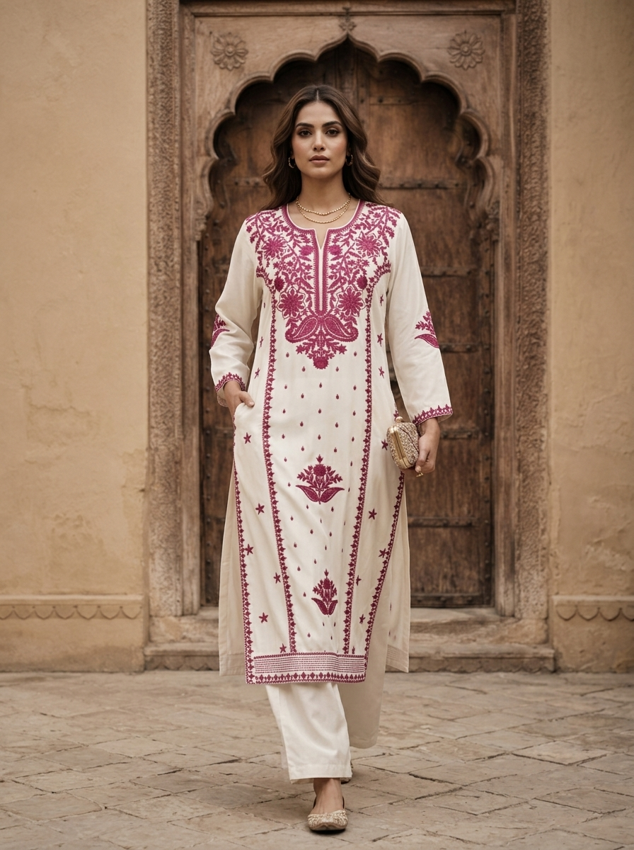 Wine Rayon Floral Embroidery Kurta